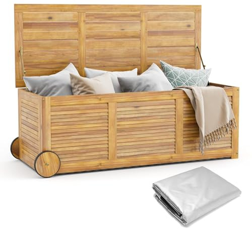 RELAX4LIFE Panca Baule182 L in Legno di Acacia con Ruote e Maniglie, Contenitore Portatutto da Interno Esterno, Cassapanca Contenitore da Interno,127x20x45cm