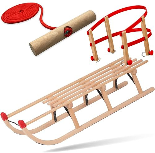 Explorer Colint Holzschlitten mit Rückenlehne für Kinder ab 1 Jahr und Erwachsene Set Schlitten Davos mit Leine und Kunststoff/Holz Lehne in Rot 110cm Alpina Fun