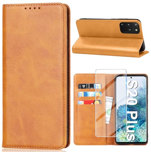 Vaki Handyhülle für Samsung Galaxy S20 Plus Hülle mit Schutzfolie, Schutzhülle Galaxy S20 Plus PU Leder Wallet Kartenfach Ständer Klapphülle Lederhüllen Case für Samsung S20 Plus Tache Cover (Gelb)