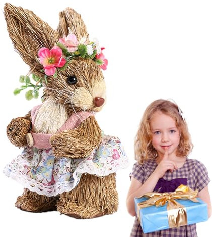 Lesunbak Straw Bunny Figurines | Easter -Standing Straw Figurine In Bunny Shape | Seasonal Rabbit Decorations Room Ornaments For Patio Courtyard Garden Bedroom
