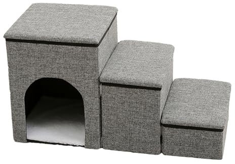 Hundetreppe 3 Stufen mit Höhle,Katzentreppe Faltbare Haustiertreppe mit Stauraum,Tiertreppe für Kleine Hunde Katzen,3-in-1 rutschfeste Haustierrampe für Sofa & Bett Blau