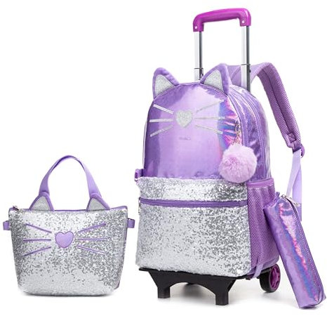Oruiji Rollrucksack für Mädchen mit Rollen, Rucksack für die Schule, leichter Meerjungfrauen-Rucksack mit Lunchbox, Federmäppchen, Lila Katze, Modern