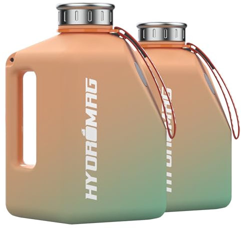 HYDROMAG 2x Trinkflasche 2,7 l - XL Wasserflasche ideal für Sport, Fitness, Yoga & Outdoor inkl. Magnet-Handy-Halterung, BPA-Frei, auslaufsicher & robust (türkis-orange)