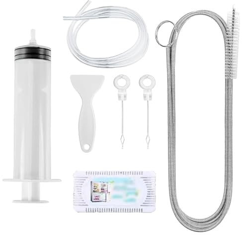 Kit de Nettoyage pour Réfrigérateur, Frigo Outils de Nettoyage, Brosse de Nettoyage + Tuyau PVC 1.55m + Pelle de Dégivrage + Seringue de 100ml + Déodorant + 2 Bouchons de Trou de Vidange
