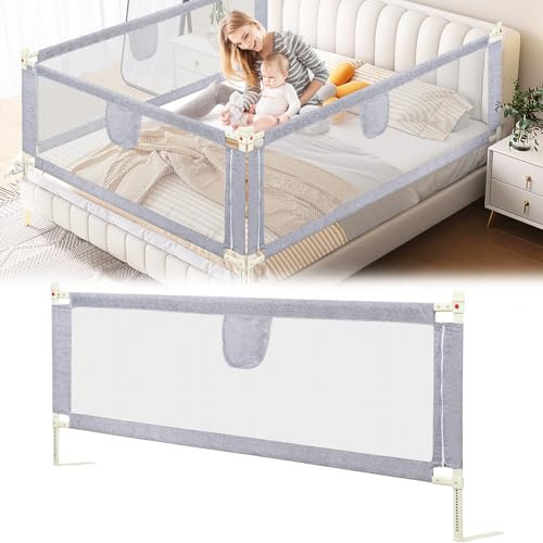 Ikodm Bettgitter Rausfallschutz 200cm Bettschutzgitter Kinderbettgitter, Kinderbettschutzgitter für Kinder & Elternbetten, Höhenverstellbar 64-96cm mit Luftiges Netz, Stabile, Grau