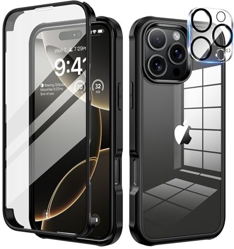 seacosmo for iPhone 16 Pro Max Case, Full-Body Shockproof Case [Built-in Glass Screen Protector] [Camera Lens Protector] 360° Front and Back Cover for iPhone 16 Pro Max 6.9 Inch - Black/Clear