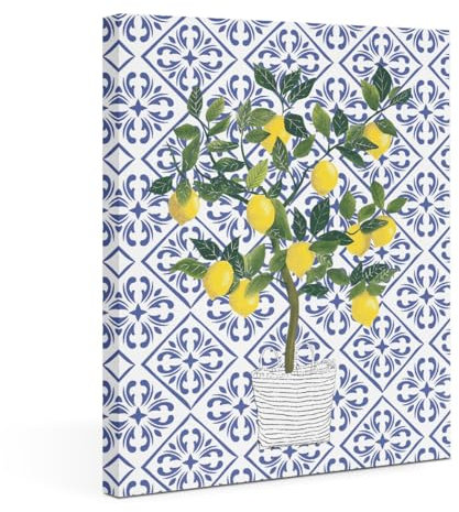 Lemon Decor Yellow Lemon Tree Wall Art Italian Framed Art Retro Mid Century Modern Paintings Moroccan Blue Canvas Wall Decor Artwork Living Room Kitchen Dining Room Hallway Decor Decorations