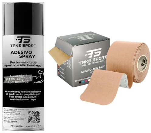 TAKE SPORT - Bundle Kinesio Tape + Adesivo Spray: Il Kit Completo per Taping Kinesiologico, Tape Kinesiologico, Nastri Sportivi, Tape Elastico e Kinesio Taping con Aderenza Potenziata.