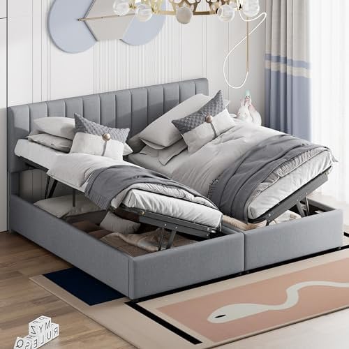 Merax Polsterbett 180x200cm, Hydraulisches Stauraum Bett, für Jugend, Erwachsene, Leinen, Grau (Ohne Matratze)