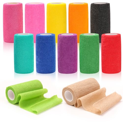 Zhufas 12 Rollos Venda Cohesiva 10 cmx 4,5 m Venda Cinta Bendaje Adhesiva Vendaje Autoadhesivo Deportiva Tape para Hombros, Rodilla, Codo, Alivio del Dolor, Resistente al Agua, Transpirable