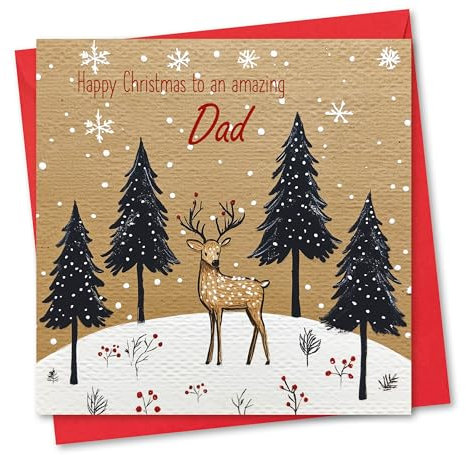 Weihnachtskarte für Papa, Hirsch-Design, umweltfreundlich und hergestellt in Großbritannien. Innentext: 148 x 148 mm Kartengröße.