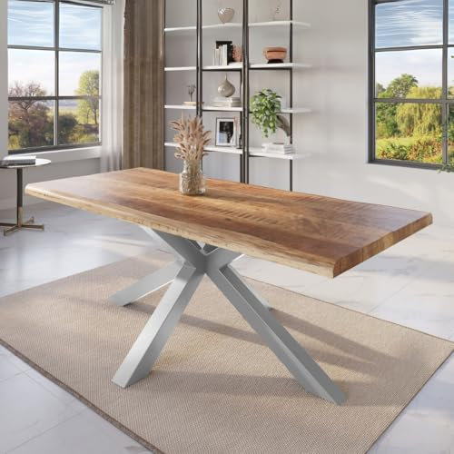 trelevo Esszimmertisch 240x100 cm, Mangoholz massiv, Tischplatte Natur/rau, echte Baumkante, Spider Gestell Silber, Baumkantentisch