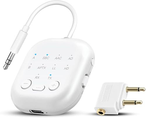 Bluetooth Transmitter & Receiver, Supports 2 Headphones Dual Connection, aptX-Low Latency Bluetooth Adapter, 3.5mm Aux Jack Audio Transmitter for TV/Plane/Travel/Gym/Car, White