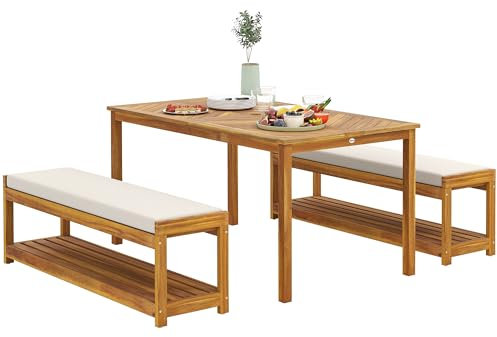 Outsunny 3 TLG. Gartenmöbel-Set Akazienholz Sitzgarnitur inkl. 1 Esstisch mit Schirmloch, 2 Bänke, Balkonmöbel-Set, Gartengarnitur für Balkon, Terrasse, Teak