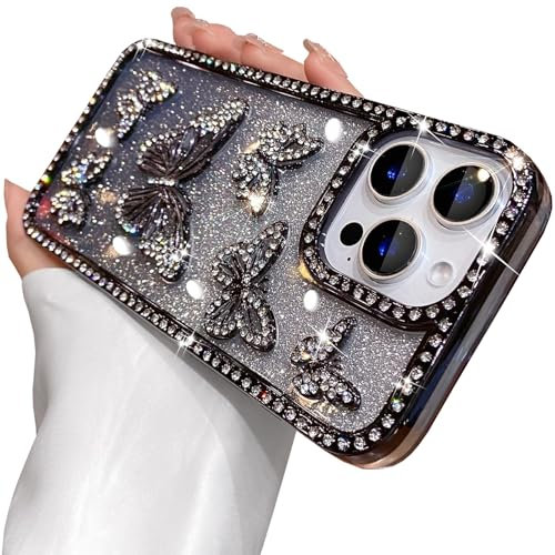 QoKcoahn Butterfly Phone Case for iPhone 13 Pro,Cute Bling Butterfly Luxury Sparkle Glitter Diamond Crystal Rhinestone 6D Electroplated Soft TPU Protective Cover for Girls Women Black