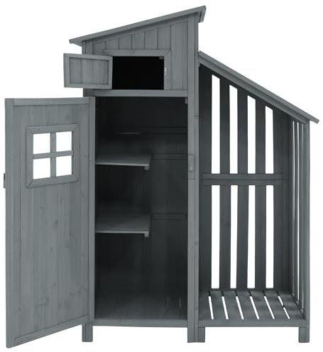 LARFOEK Gartenschrank Holz, Outdoor Geräteschuppen, Gartenhaus Wetterfest, Geräteschrank mit 2 Regal Böden, Geeignet für Balkon, Terrasse, Gärten, 124 × 46 × 174 cm, Grau