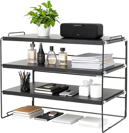powerking Desk Shelf Organiser, 3 Tier Desktop Shelves with Wood Board, Adjustable Display Bookcase, Multipurpose Bookshelf Storage Rack for Tabletop, Home Office School Study Room