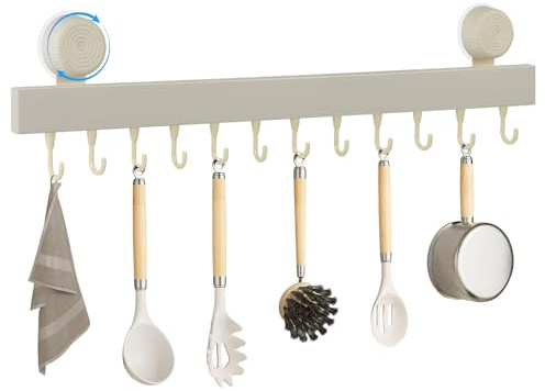 Sampoes Hakenleiste Küche Ohne Bohren 60cm Küchenhaken mit Saugnapf 12Haken | Küchenhalterung aus Kohlenstoffstahl, 20 kg Tragfähigkeit, Küchenstange Selbstklebend für Küchenutensilien, Badezimmer, Beige