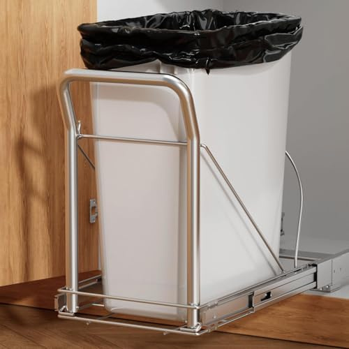 Pull Out Trash Can Under Cabinet w/ Soft-Close, Stainless Handle, Chrome | Heavy Duty Under Sink No Drill Pull Out Kit, Adjustable Tail For 7-13 Gal Can, Fits 13W x 18D Cabinets, Bin Not Included