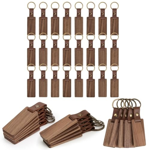 Paaruter 40 Pieces Wood Keychain Blanks with Leather Straps, Blank Leather Keychains for Engraving, for DIY Various Key Tags