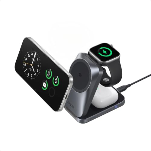 Anker Prime 3‑in‑1 Wireless Charger, Qi2‑Certified 25W, MagSafe‑Compatible | Ultra‑Compact Foldable Charging Station with AirCool for iPhone 17/16, Apple Watch, AirPods (Non-Battery, with Adapter)