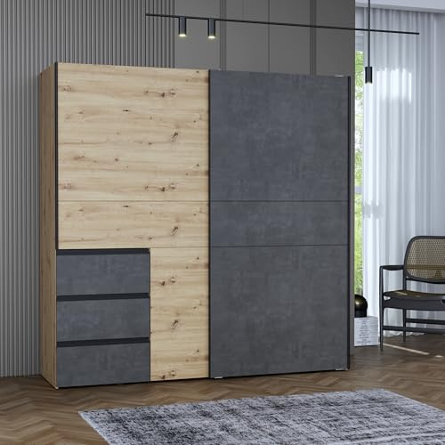 Forte Winn 2 Kleiderschrank 170, Skandi-Style Schwebetürenschrank, 2-türig, 3 Schubladen, Schlafzimmer, Artisan Eiche Holzdekor|Betonoptik Dunkelgrau, 170,3 cm breit x 200,5 cm hoch x 61,2 cm tief