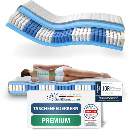 AM Qualitätsmatratzen Premium Taschenfederkernmatratze 200x200cm H3 24cm - Made in Germany & Oeko TEX Siegel - 7 Zonen Federkernmatratze 200x200 mit Lyocell Bezug - Ergonomische Matratze 200x200 H3