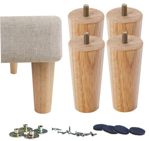 SHITOOMFE Wooden Legs For Furniture, 4Pcs Wooden Furniture Legs, 4 Round Cylinder Cabinet with Pre-Drilled with Pre-Drilled M8 Bolts & Mounting Plates & Screws for Sofa, Dresser Set Of 4