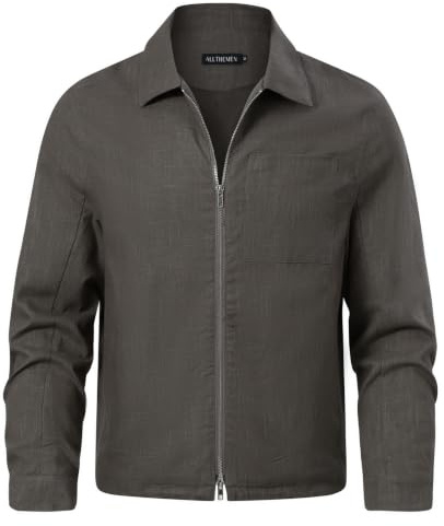 Allthemen Veste Homme Zip Blouson Bomber Leger Jacket Coat Mi-saison | Mélange De Coton Et De Lin,Col Revers,Business Casual Uni,Zip,Anti-Rides,Poche De Poitrine Réel,Convient De 20 à 25 °C