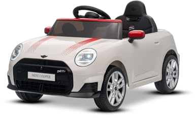 Elektrisches Kinderfahrzeug BMW Mini Cooper 12V, weiß, MP3-Player mit USB- und Bluetooth-Anschluss, 2,4-GHz-Fernbedienung, 2 x 25 W Motor, Lithium-Akku, LED-Lichter, ORIGINAL-Lizenz