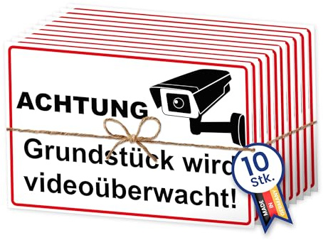 Schild Grundstück videoüberwacht, 10er-Set, 300x200 mm | 3 mm stark, wetterfest, mit Kamera-Symbol
