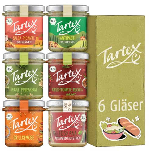 Tartex Mediterrane Box | Bio vegane Brotaufstriche | 6 Gläser | Mediterran & herzhaft | vegan | aufs Brot, als Dip oder zum Kochen | 6er Vorteilspack, 820g
