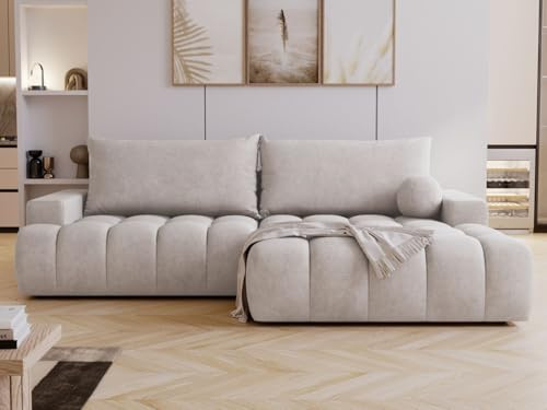GRAINGOLD Havi Ecksofa 270x170 cm, L-Form Sofa, Ecksofa für Wohnzimmer, Veloursstoff, 4-Sitzer Eckcouch, Ecksofa mit Stauraum und Bettfunktion, Modernes Design (Hellgrau, Rechts)
