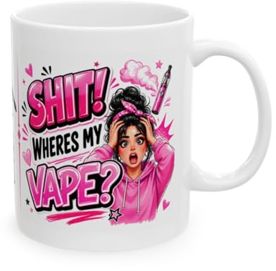 Personalised 'Shit! Where's My Vape?' Mug, Custom Name, 11oz Ceramic, Dishwasher Safe, Novelty Gift (Black Hair)