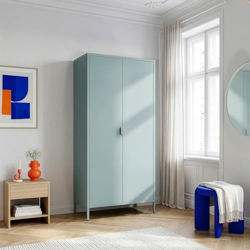 [en.casa] Kleiderschrank Esteli Garderobenschrank mit 2 Türen 170 x 80 x 45 cm Schlafzimmerschrank 2 Kleiderstangen 4 höhenverstellbare Einlegeböden Stahl Minzgrün