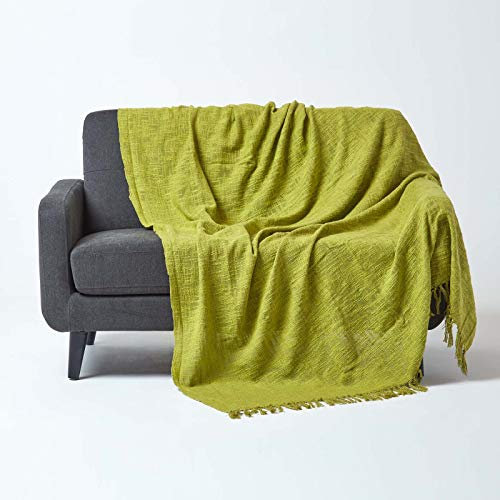 Homescapes Baumwoll-Tagesdecke Nirvana grün 150x200 cm, große Sofaüberwurf-Decke im Cotton-Slub-Design, grüner Bettüberwurf