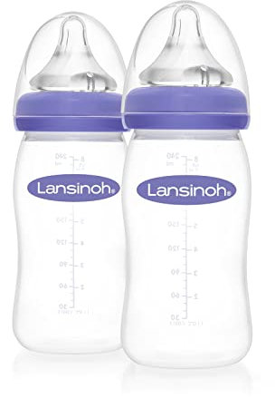 Lansinoh Baby Bottle Pack of 2 with NaturalWave Teat (240 ml), Anti-colic, Plastic 100% BPA & BPS free, Medium Flow silicone teat which is soft and flexible, purple