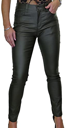 icecoolfashion Women's High Waist Stretch Leather Look Jeans Ladies Skinny Coated Jean Trousers with Pockets Khaki Green 10-22 (12)