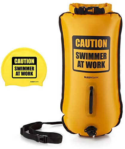 BUDDYSWIM 28 L Set di Boa Nuoto Acque Libere e Cuffia. Boa Nuoto per Nuotare in Acque Libere con Borsa impermeabile e Cuffia in Silicone. Ideale per nuotare nel mare. Giallo