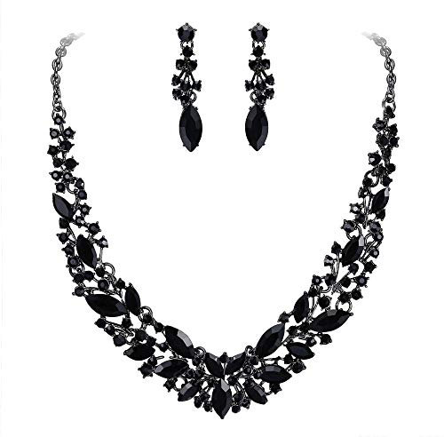 Clearine Damen Schmuckset Hochzeit Braut Party Österreichischen Kristall Marquise Cluster Kragen Halskette baumeln Ohrringe Set Schwarz Silber-Ton