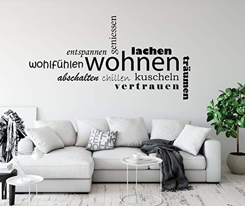 tjapalo® a268 Wandtattoo Wohnzimmer spruch Zitate Zuhause träumen lachen geniessen chillen kuscheln Wandaufkleber Wortwolke modern, Größe: B120xH58cm, Farbe: Schwarz