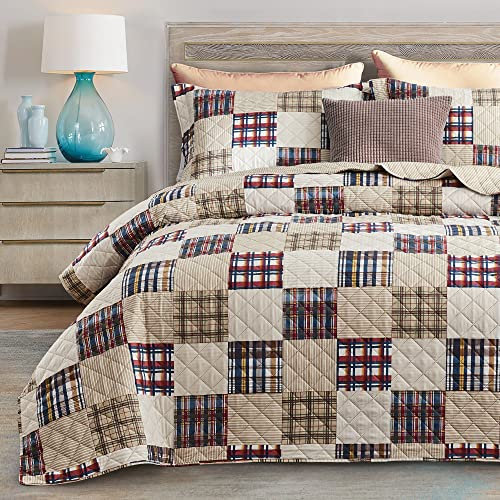 CHIXIN Plaid Quilt Queen Size - Klassisches Tartan-Karomuster - Leichte Tagesdecke Bettwäsche-Set, Country Patchwork Bettbezug für alle Jahreszeiten, 3-teilig, Beige
