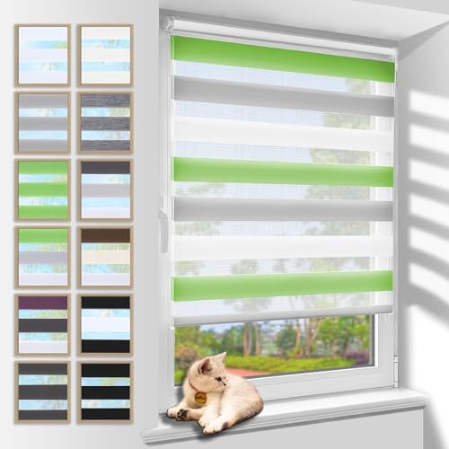 Zarnan Doppelrollo Klemmfix ohne Bohren Grün-grau-weiß 45x100cm(Stoffbreite 41cm) Duo Rollo Blickdicht Zebrarollo Rollos für Fenster ohne Bohren für Wohnzimmer Küche Büro lichtdurchlässig