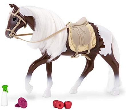 Lori Pferd Schecke – Puppenzubehör für 15 cm Mini Puppen mit Zaumzeug, Sattel, Reitzubehör – braun-weiße Stute, Spielzeug für Kinder ab 3 Jahre