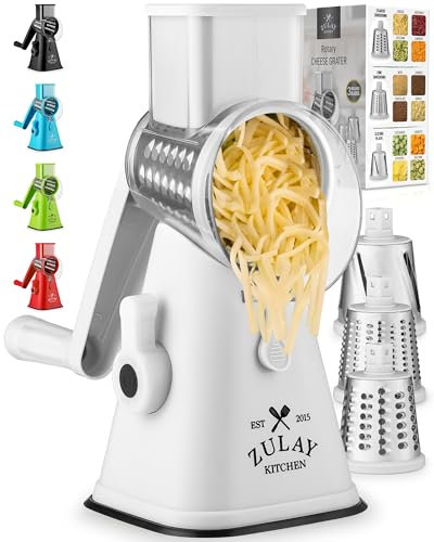 Rallador de queso giratorio con succión mejorada y reforzada, rallador de queso redondo con 3 cuchillas de acero inoxidable reemplazables, rebanador de vegetales y molinillo de nueces (blanco)
