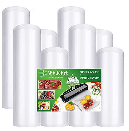 WVacFre 8 Rouleau (4)20x600cm et (4)28x600cm Rouleau Sacs Pour Machine Sous Vide Alimentaire,sans BPA et LFGB Sac de Congelation Sous Vide,Compatible Avec n'importe Quelle Scelleuse Sous Vide