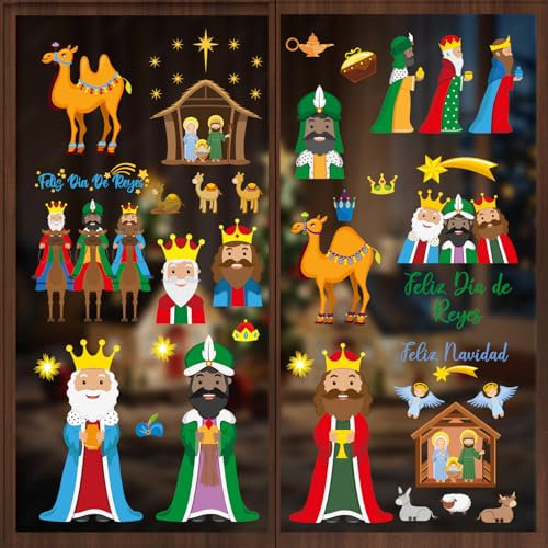 Pegatinas para Ventanas Reyes Magos, Pegatinas para Ventanas de Navidad, Pegatinas Ventana Navideños Feliz Navidad Decoración Reutilizables para Fiesta Niños