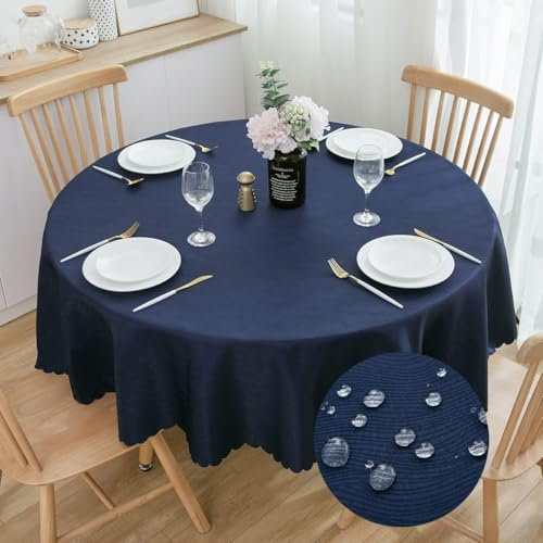 SPRICA Marineblau Runde Jacquard-Tischdecke Rund 200cm Durchmesser, wasserabweisend, einfarbig, schwere & weiche Qualität, Wasserfluss-Musterdesign, maschinenwachbar