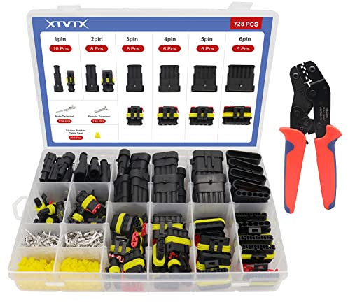 XTVTX 728pcs kfz Stecker,kfz Steckverbinder,kfz Stecker Wasserdicht,Wasserdichte Stecker 12v,mit Crimpzange,1/2/3/4/5/6 Pin Auto Stecker,Fit für KFZ Motorrad Auto Boots LKW