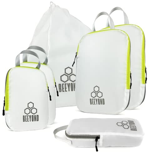Cubi da viaggio a compressione per imballaggio e organizer da viaggio (6 pezzi, verde e bianco)